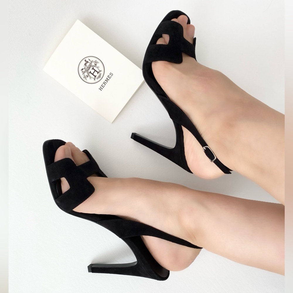 HERMES H HOLY LIKE PREMIERE SANDALS HIGH HEELS BLACK SUEDE LEATHER SHOES 37.5